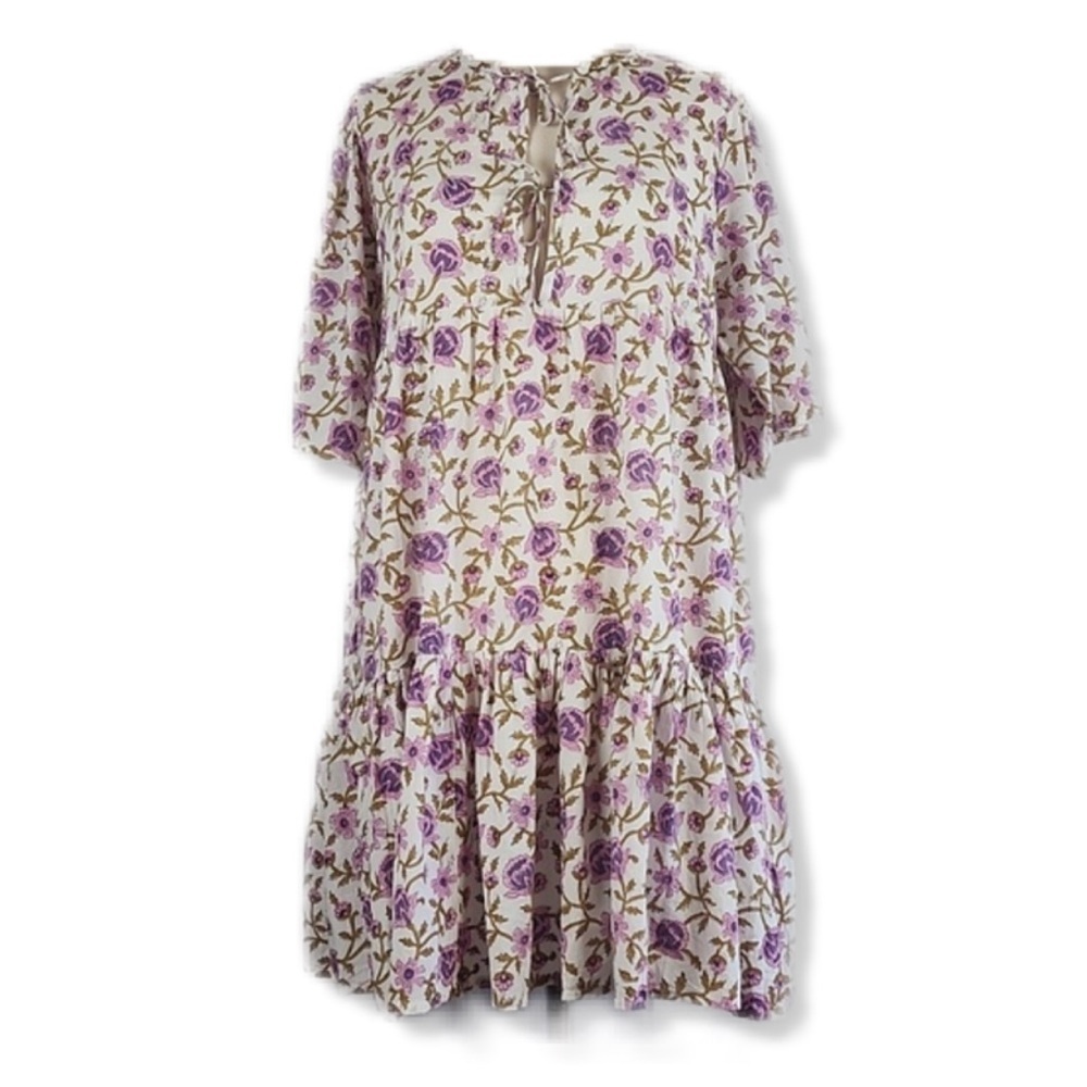 Shade Amour 100% Cotton Tiered Floral Print Tie Front Short Sleeve Mini Dress L